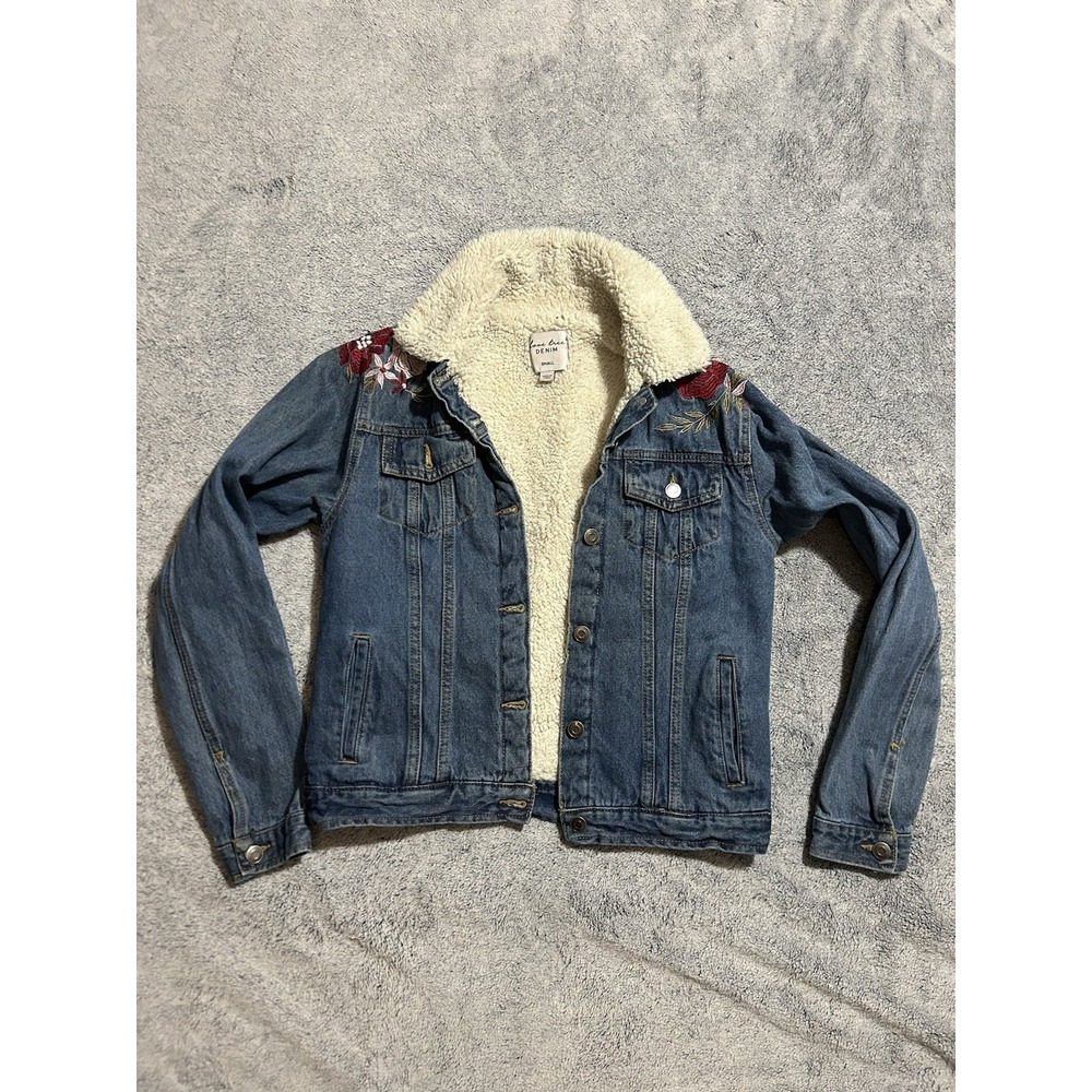 Love Tree Womens S Sherpa Lined Denim Jacket Floral Embroidered Trucker Western